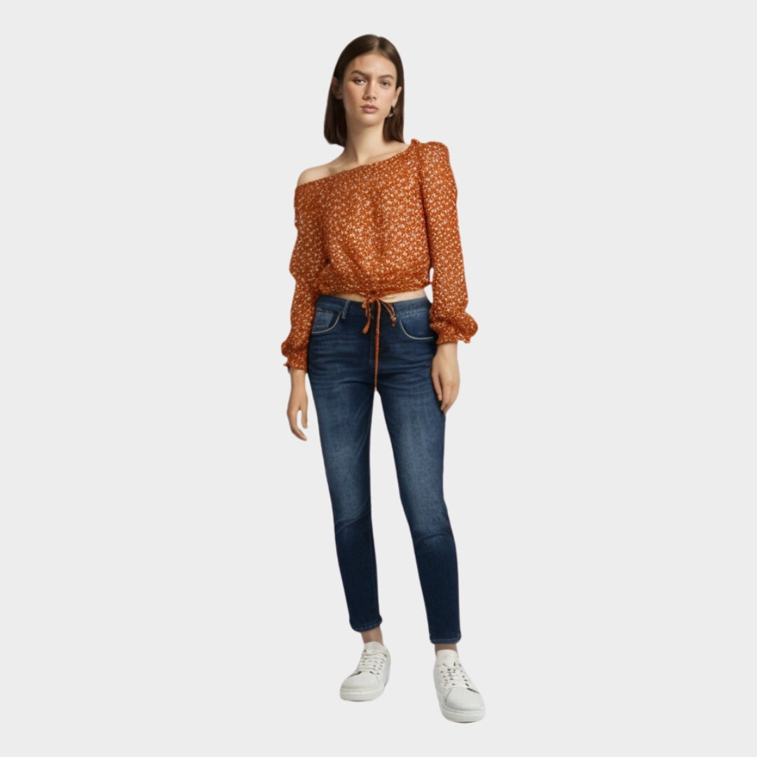 Orange Printed Offshoulder Crop Top