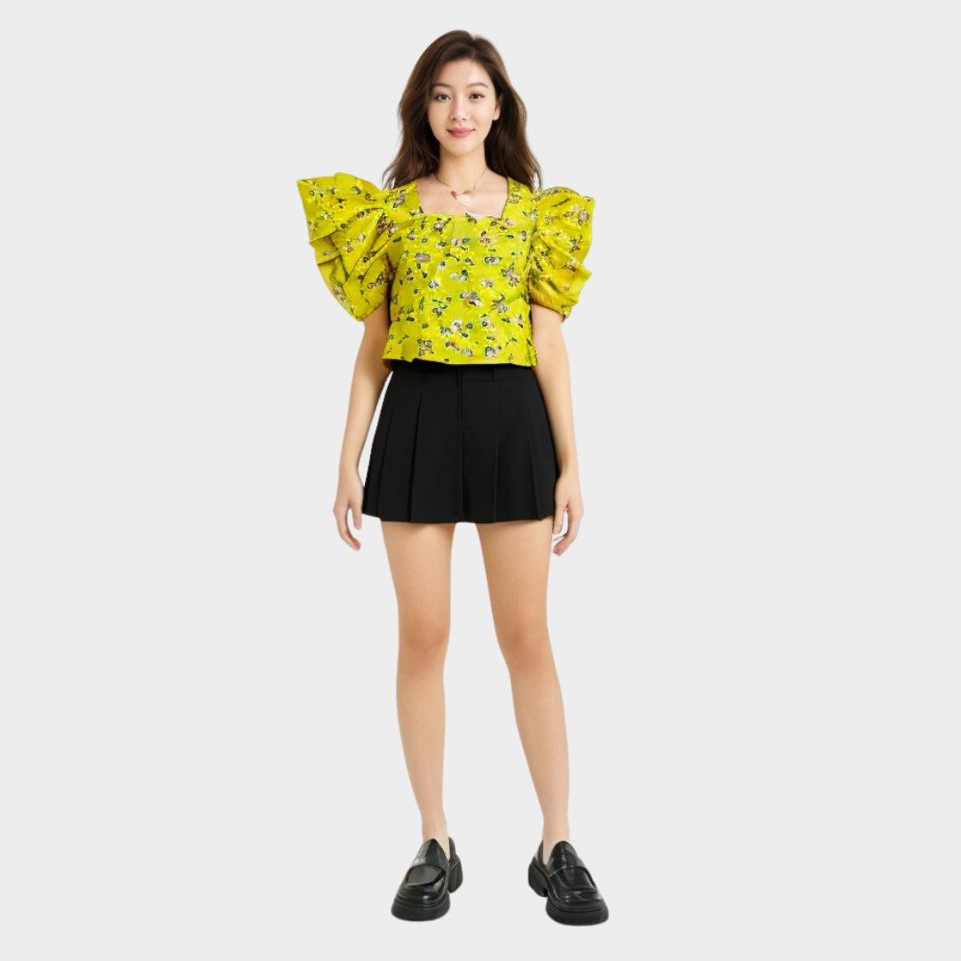 Yellow Floral Puff Sleeve Crop Top