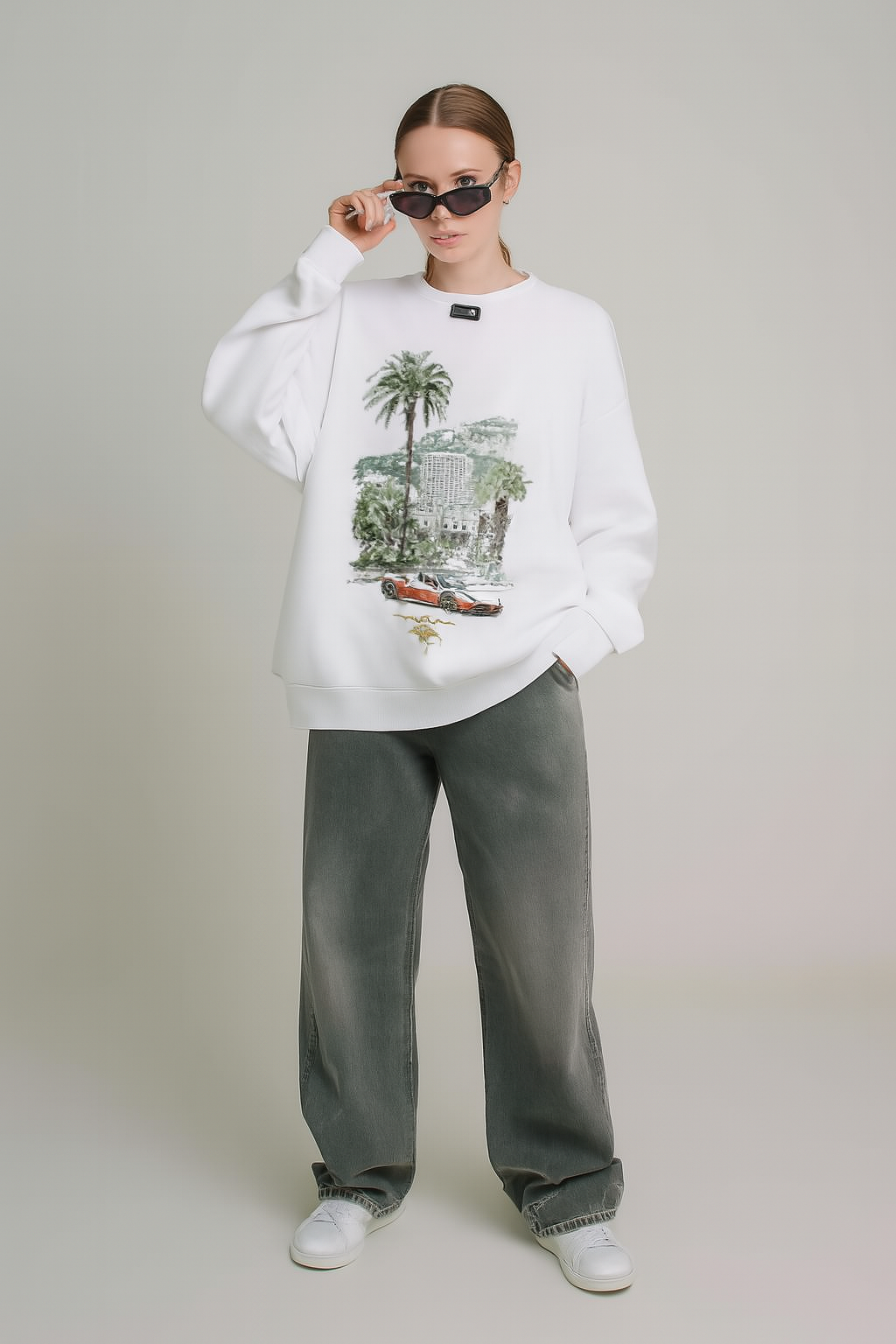 White Printed Oversized Sweatshirt