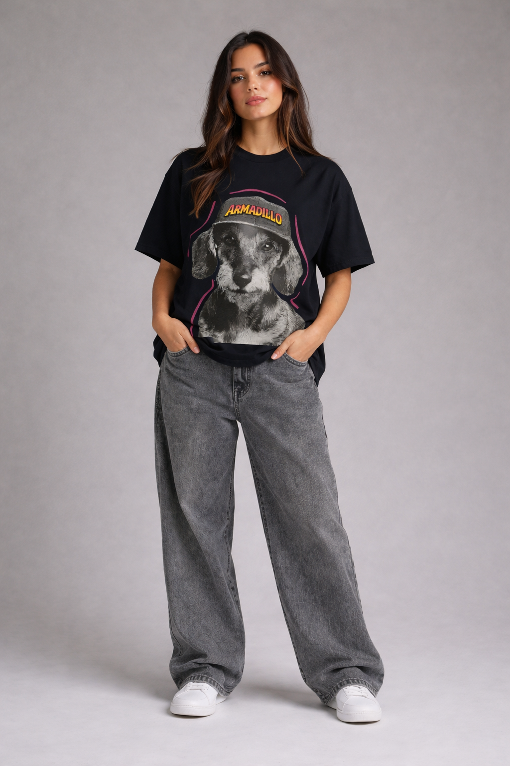 Dog Printed Black Oversized Tshirt
