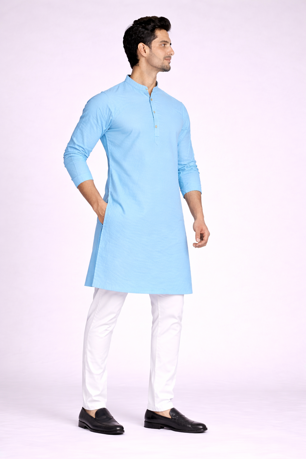 Solid Sky Blue Cotton Kurta