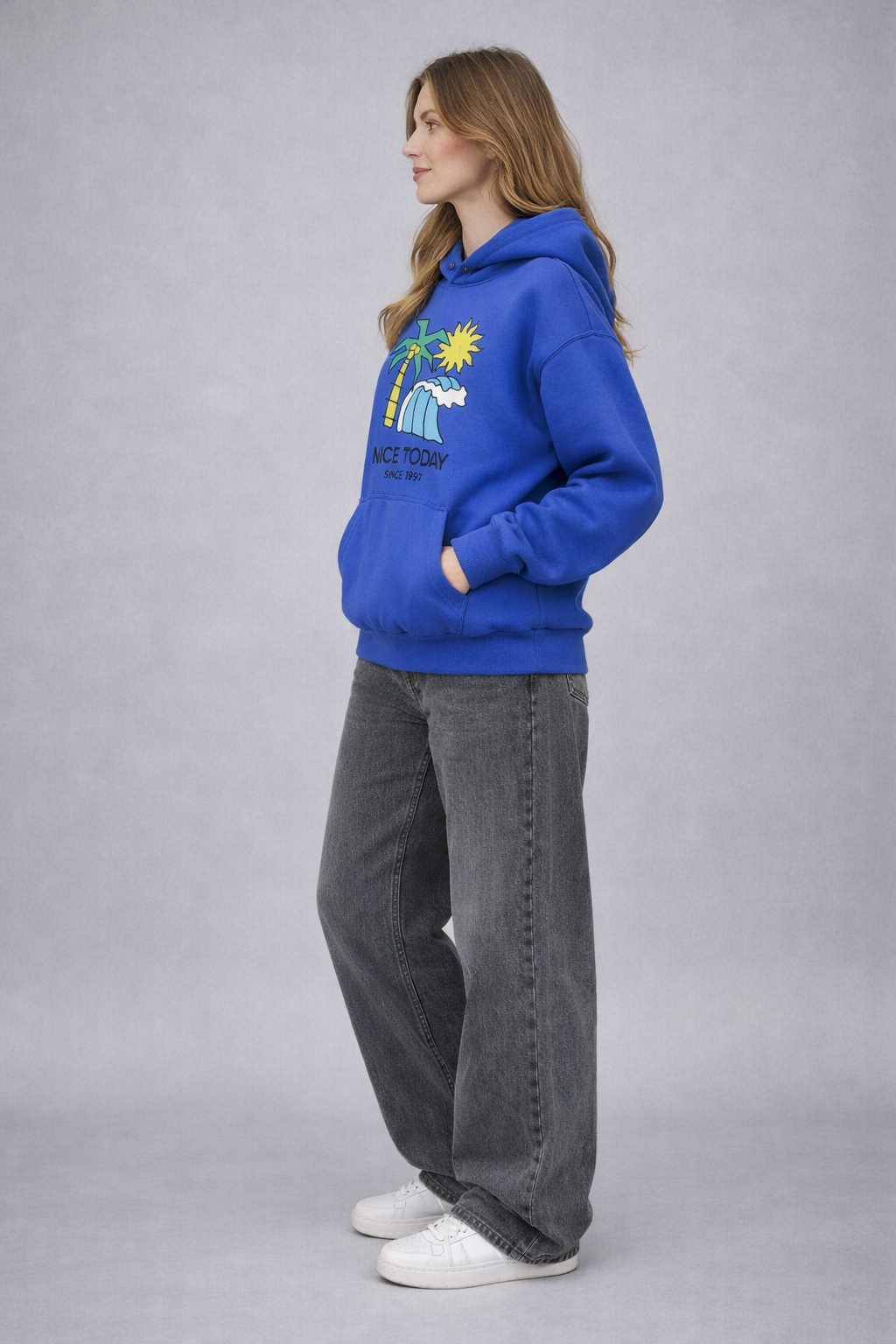 Blue Printed Oversized Hoodie