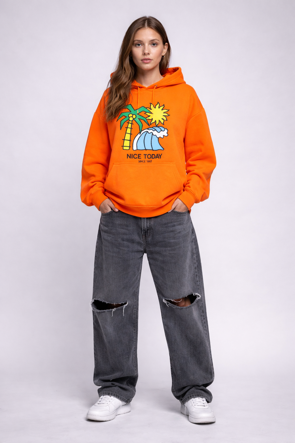 Orange printed Oversized Hoodie