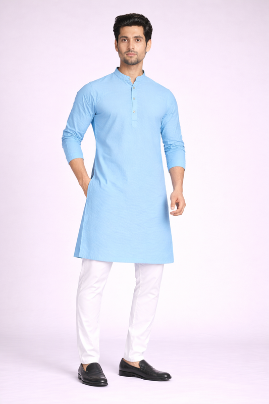 Solid Sky Blue Cotton Kurta