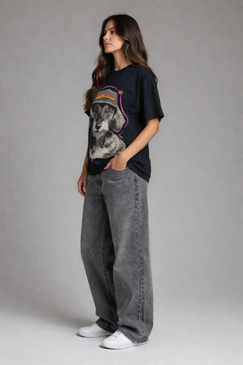 Dog Printed Black Oversized Tshirt