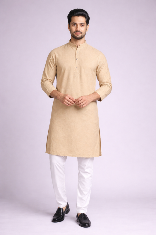 Solid Beige Cotton Kurta
