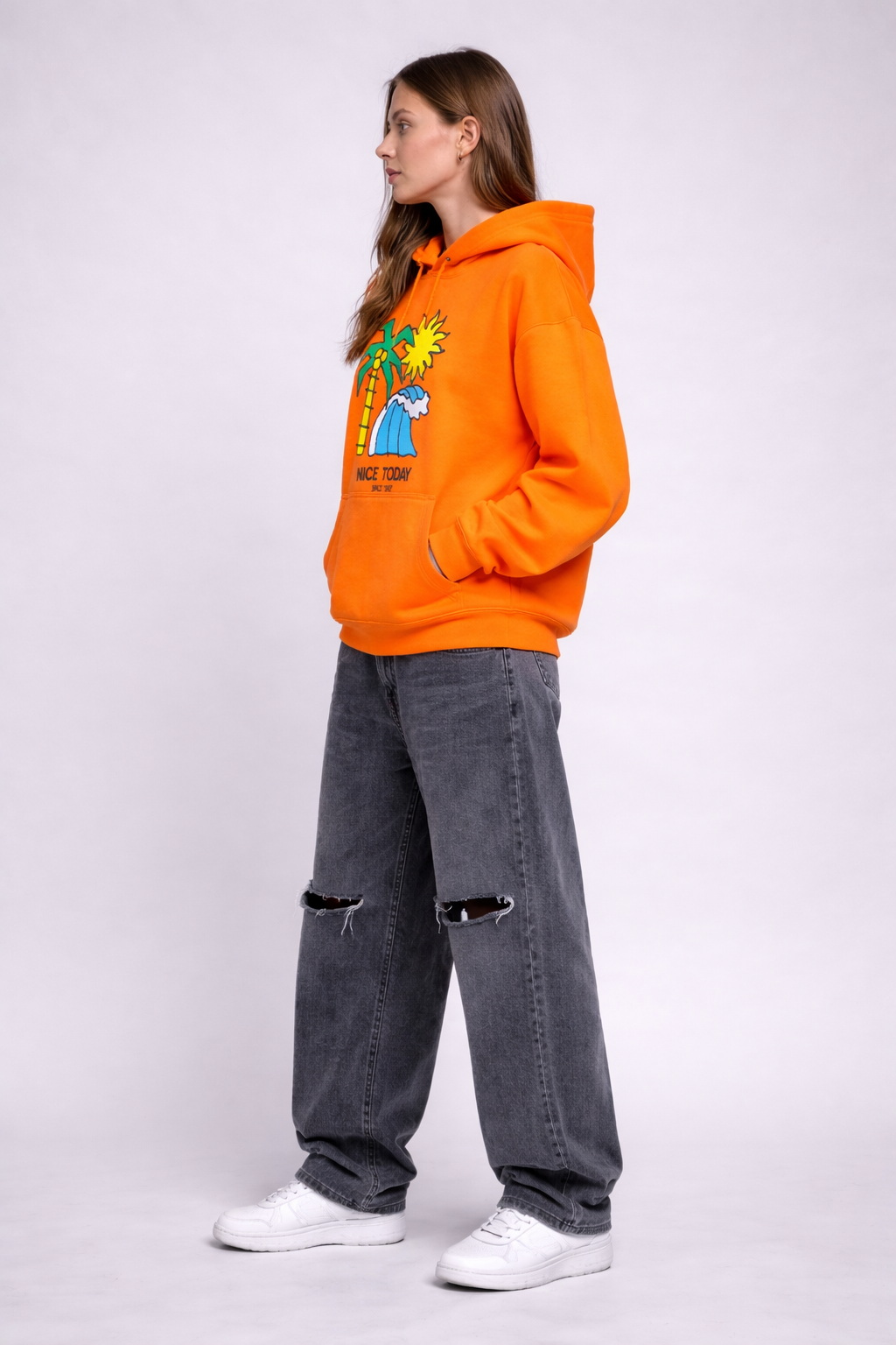 Orange printed Oversized Hoodie
