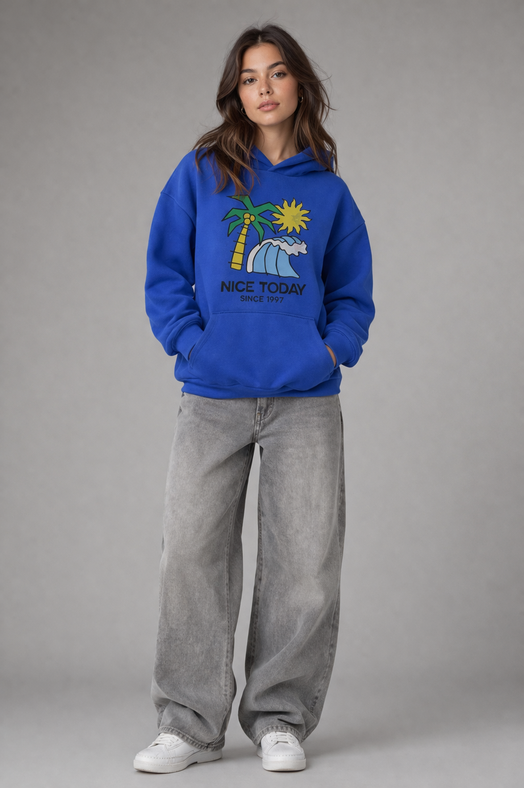 Blue Printed Oversized Hoodie